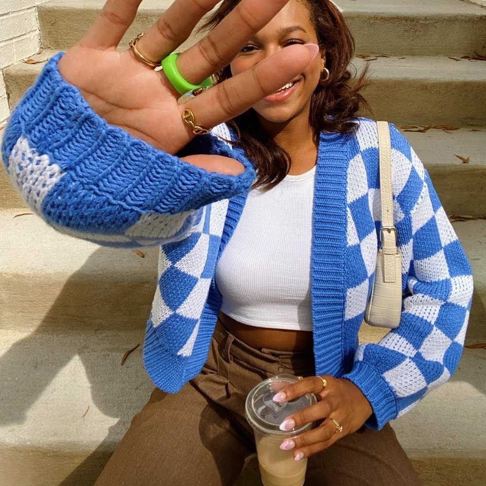 Inside Joke Blue and White Checkered Crop Cardigan